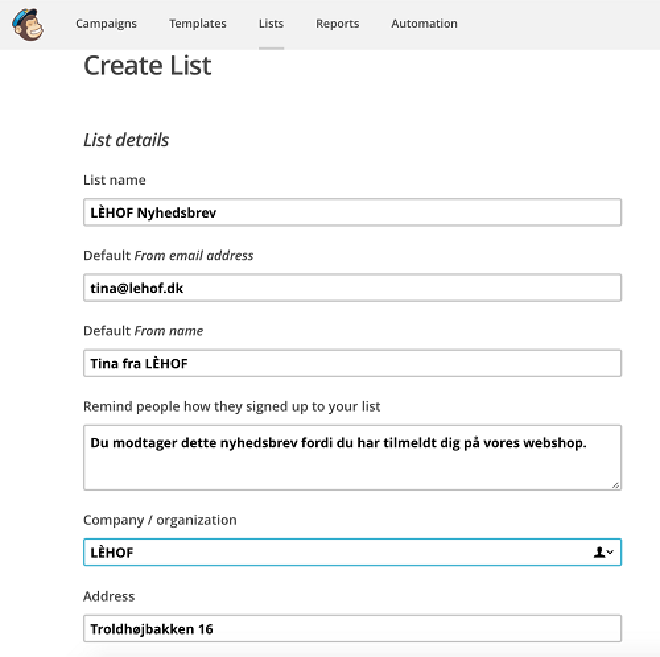 Guide til Mailchimp liste felterne